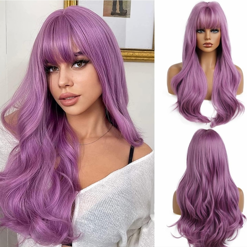 26 Inches Long Purple Wig with Bangs Natural Synthetic
